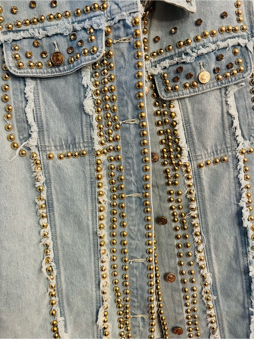 Modern GORGEOUS GOLD STUD BLEACHED DENIM SLEEVELESS OVERSIZED DENIM JACKET